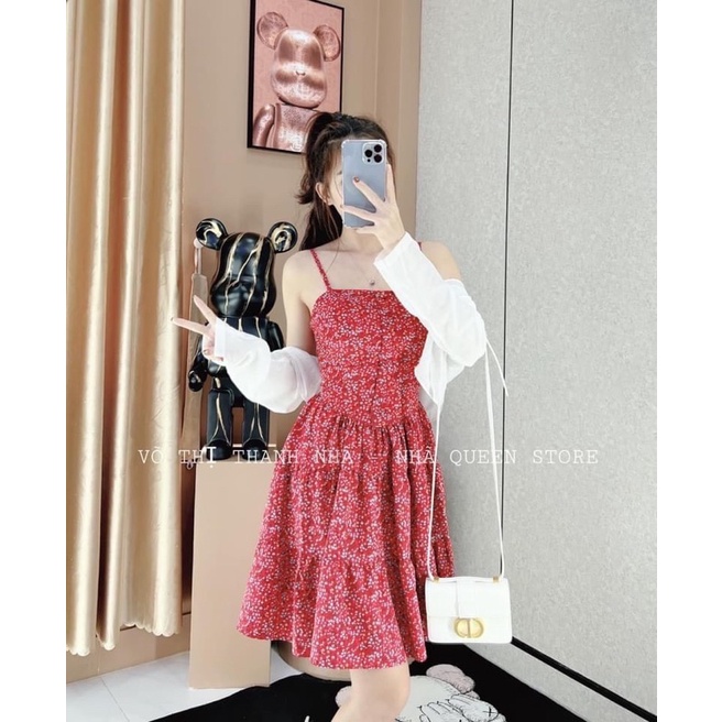 Set đầm hoa xoè 2 dây ngắn kèm áo khoác croptop đỏ