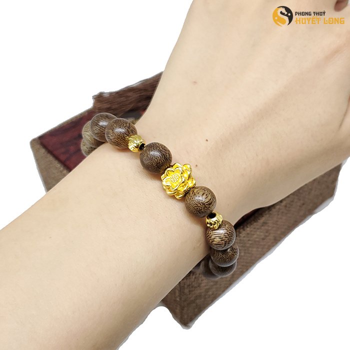 Vòng Tay Trầm Hương Mix Hoa Sen Bi Vàng, Vòng Tay Trầm Hương Phong Thủy