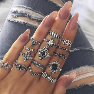 Bộ 15 nhẫn khớp ngón tay bạc đá Femme thời trang vintage cho nữ