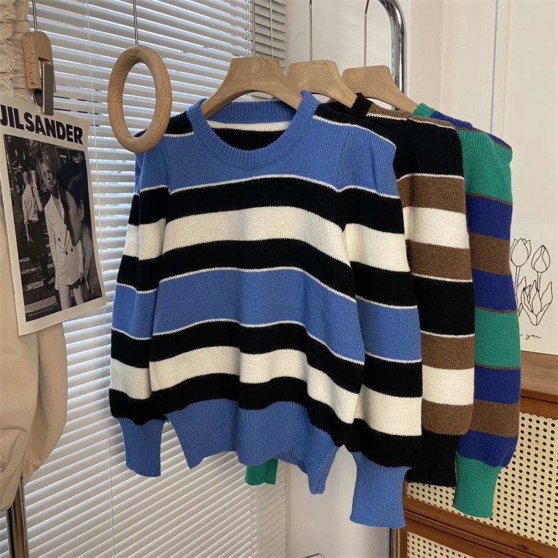 Áo Sweater Dệt Kim Tay Dài Ôm Dáng Họa Tiết Kẻ Sọc Màu Sắc Tương Phản Thời Trang Thu Đông Hàn Quốc Chất Lượng Cao