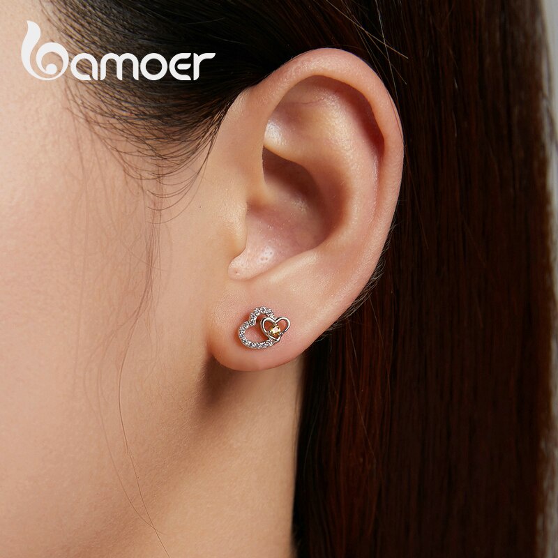 Hoa tai Bamoer BSE528 bạc sterling 925 họa tiết trái tim zircon màu cầu vồng lấp lánh thời trang cho nữ không gây dị ứng