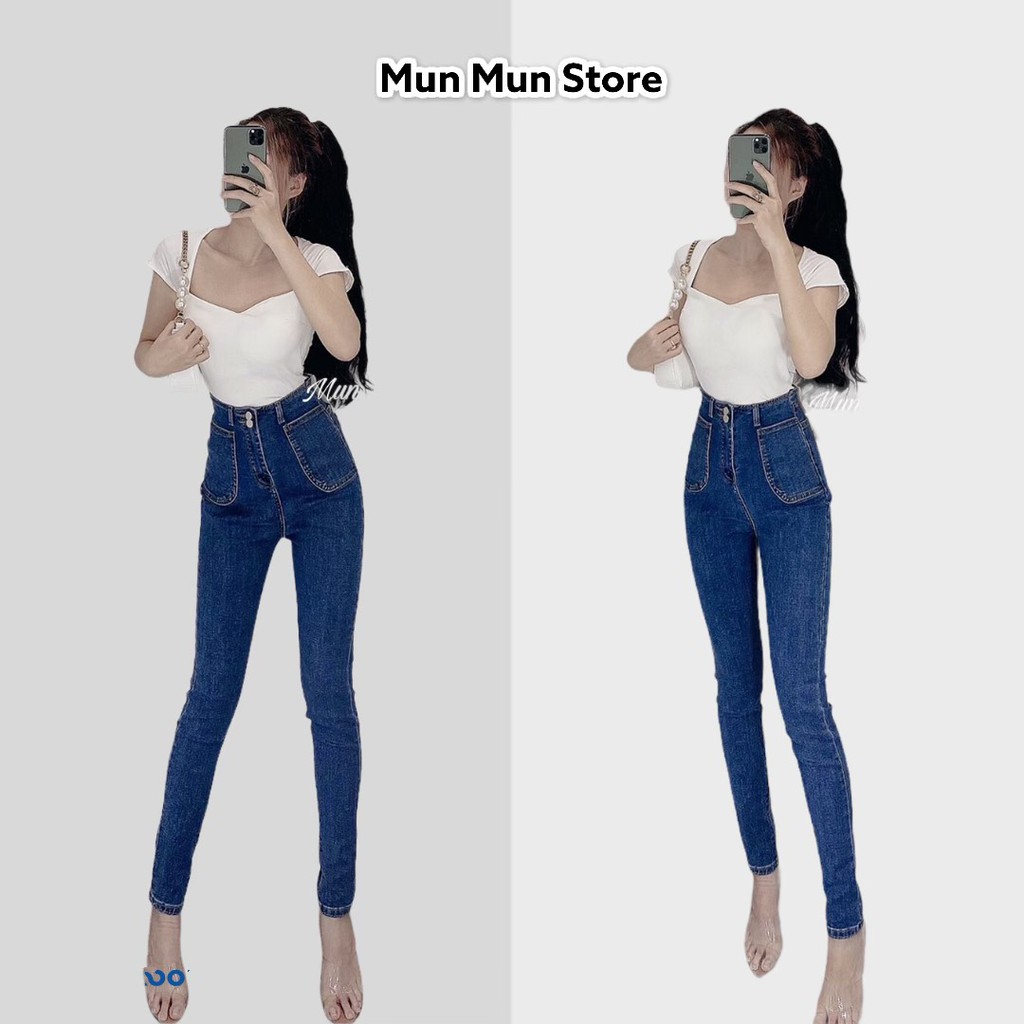 Quần jean nữ Lưng cao [𝐅𝐫𝐞𝐞 𝐒𝐡𝐢𝐩] munmunstore dáng ôm túi vuông sang trọng - tôn dáng - chất mềm mại co giãn thoải mái