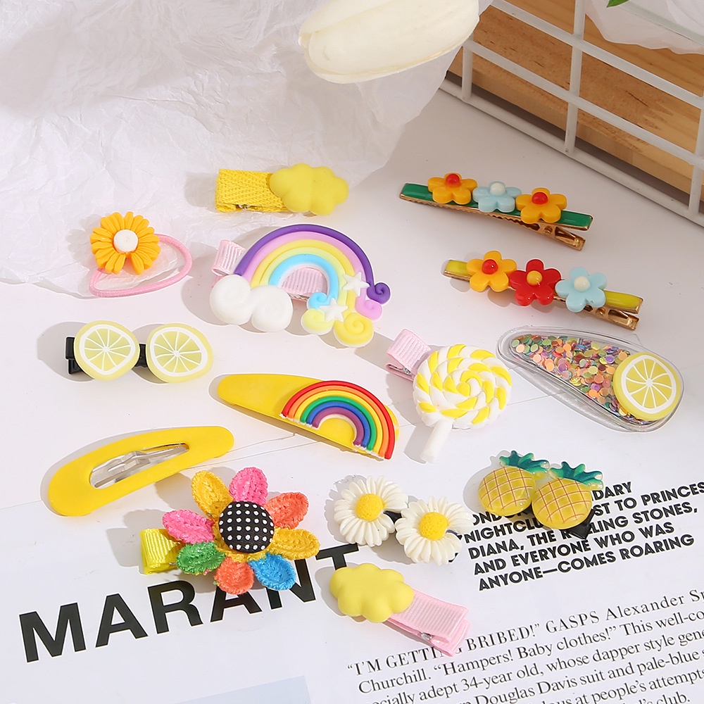 Set 14 Kẹp Tóc Hình Trái Cây / Hoa / Bướm / Trái Cây / Cầu Vồng Bằng Nhựa Resin Thời Trang Cho Nữ