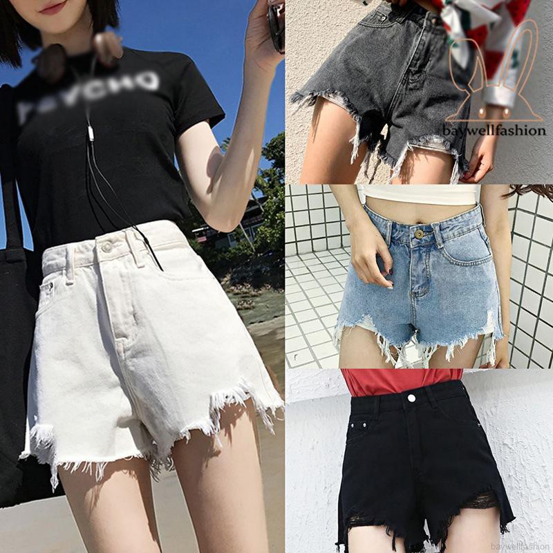 Quần short denim lưng cao ống rộng phối rách thời trang cá tính cho nữ