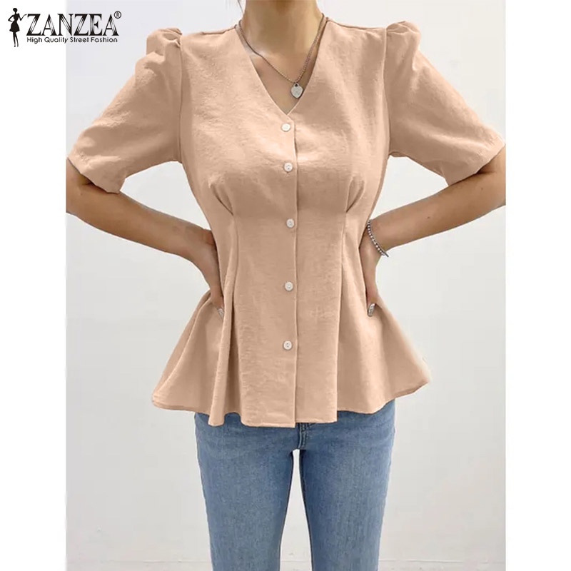 Áo sơ mi ZANZEA tay phồng cổ chữ V phong cách Hàn Quốc thanh lịch dành cho nữ