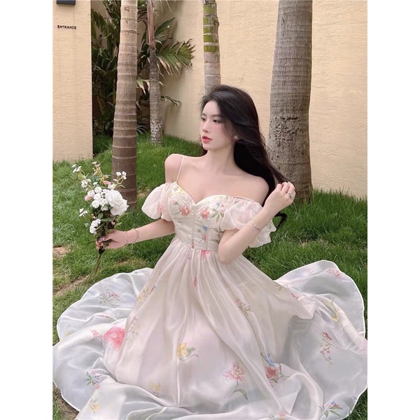 ĐẦM MAXI HOA CÚP NGỰC 2 DÂY RỚT VAI PHỒNG