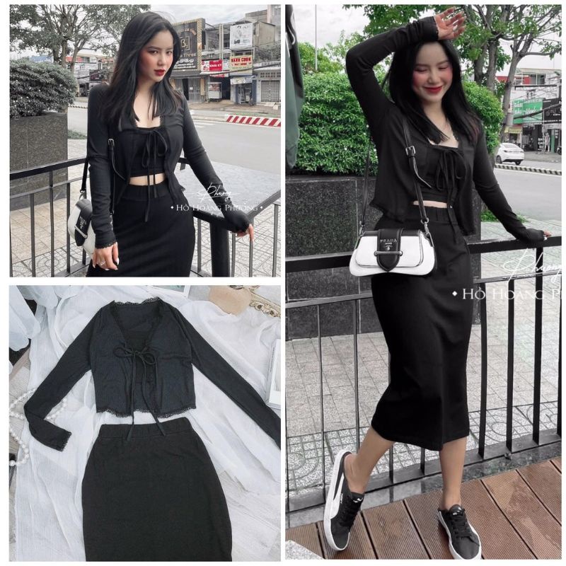 Set chân váy dài kèm sét áo 2 dây cardigan FREESHIP Áo 2 dây mix chân váy dáng dài