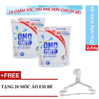 Bộ 2 Nước giặt Omo Dịu nhé cho da em bé TRẮNG 2kg túi TẶNG 20 móc áo em bé