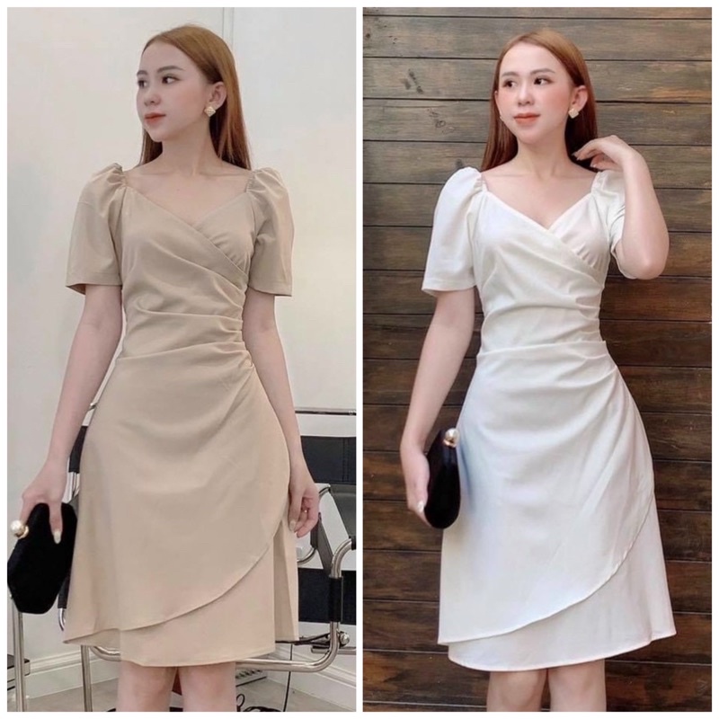 Đầm cổ v xếp li eo 2 màu