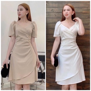 Đầm cổ v xếp li eo 2 màu