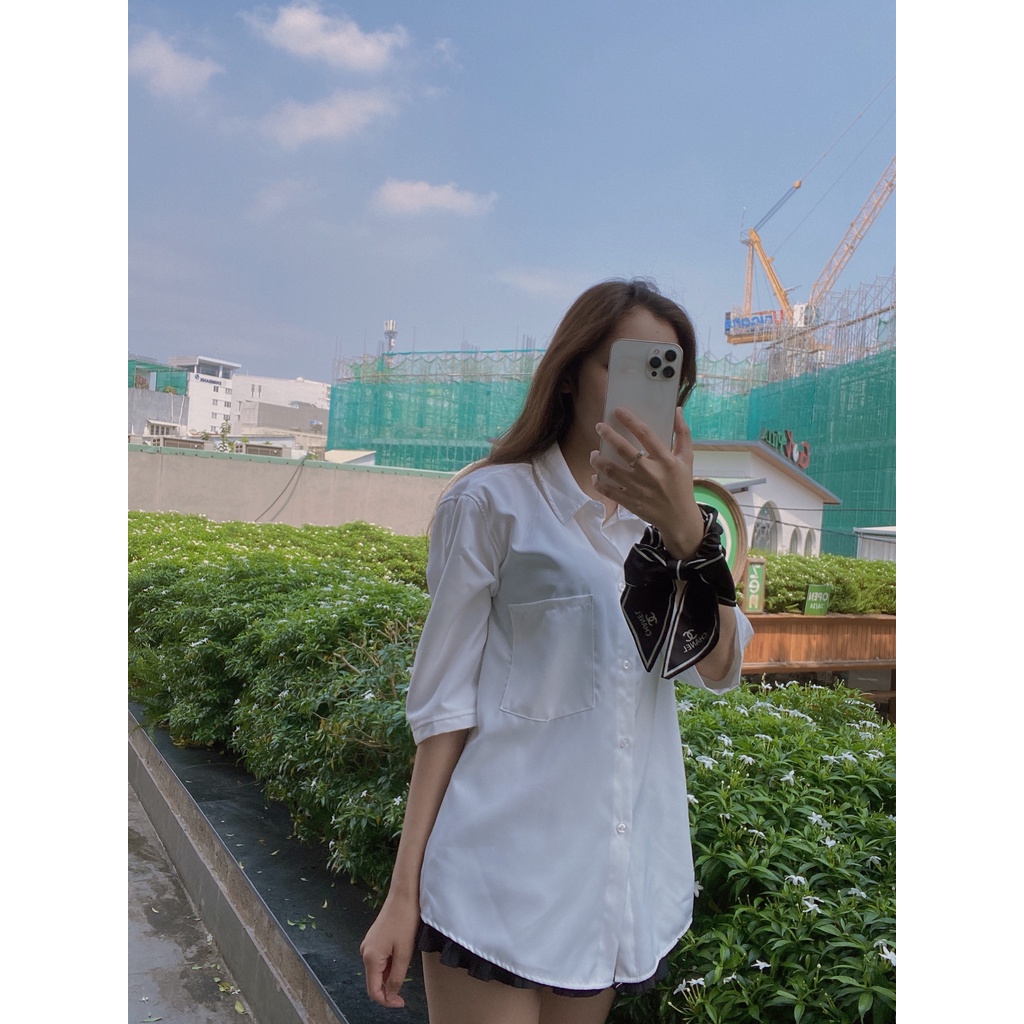Áo Sơ Mi Nữ Học Sinh Vải Kate Tay Lỡ Túi Ngố Unisex [Kèm Ảnh Thật] Mẫu 44kg