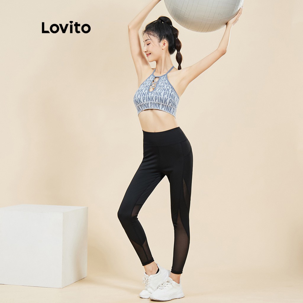 Quần legging Lovito màu trơn phối lưới tương phản nhanh khô L15X241 phong cách thể thao (Màu đen)