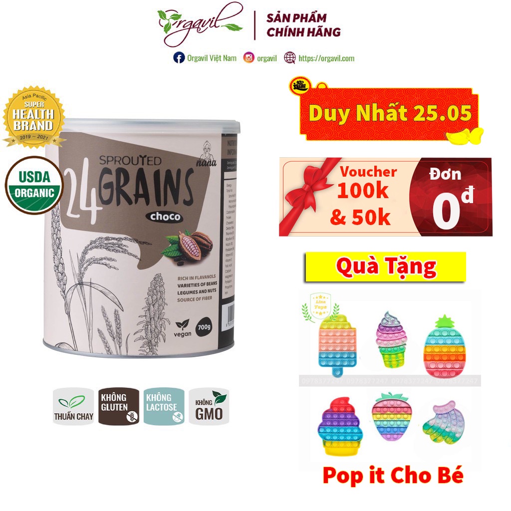 Sữa Công Thức Thực Vật Hữu Cơ 24 Grains vị cacao 700g - Sữa Hạt Hữu Cơ Bổ Sung Omgega 369 - Orgavil