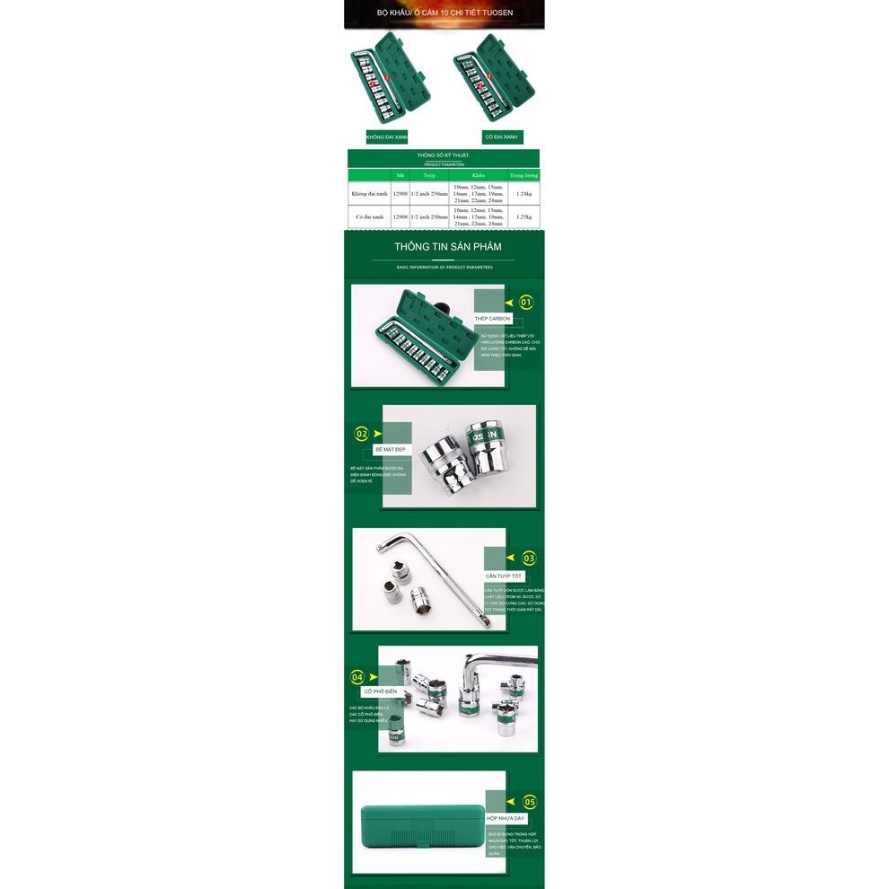Bộ khẩu sửa xe 1/2 TUOSEN : 10mm, 12mm, 13mm, 14mm , 17mm, 19mm, 21mm, 22mm, 24mm