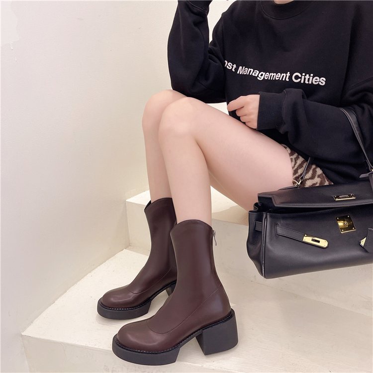 Giày bốt cao gót cổ ngắn mũi tròn phối khóa kéo thời trang cho nữ | BigBuy360 - bigbuy360.vn