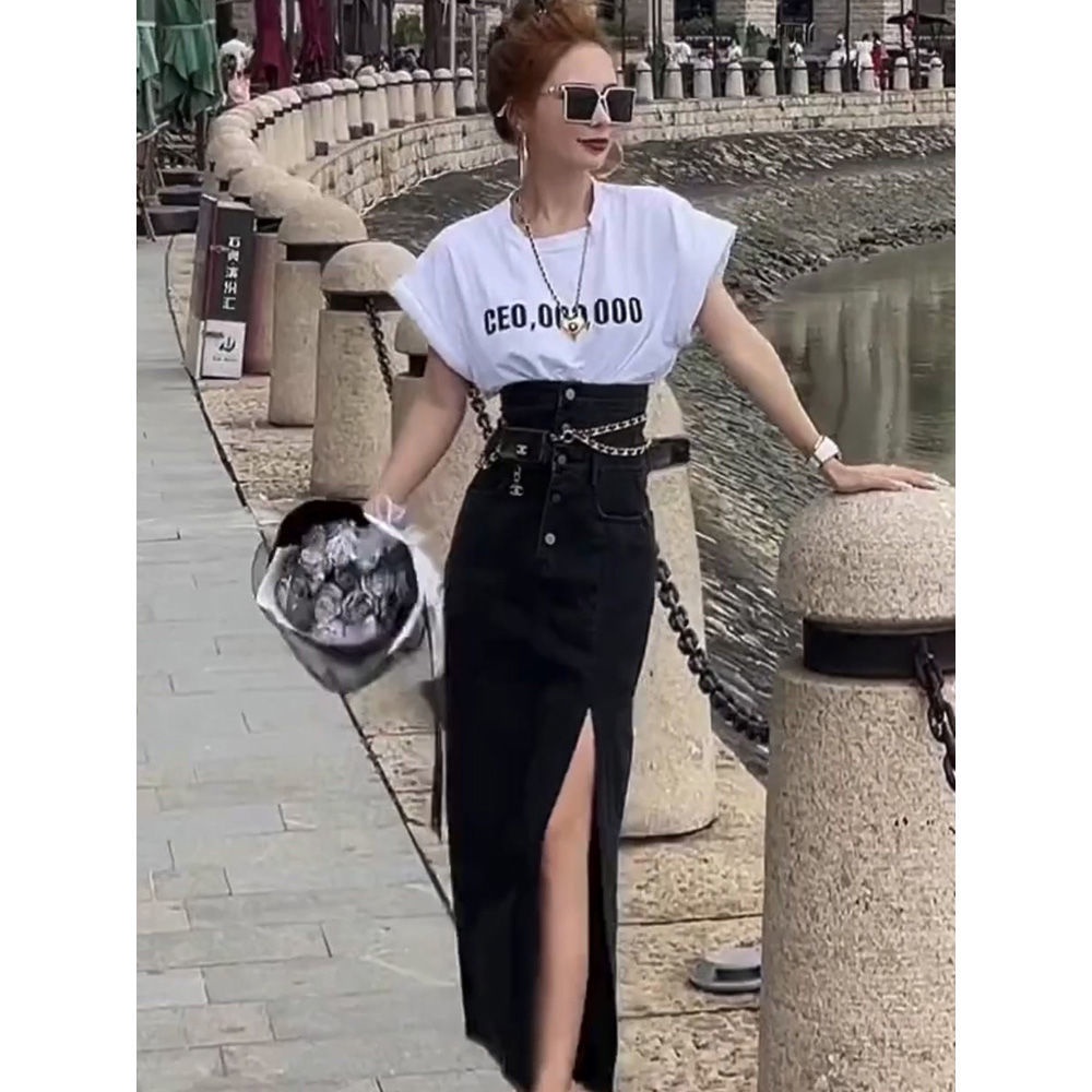 Jiashucheng Chân Váy Denim Chữ a Lưng Cao Xẻ Tà Phong Cách Retro Hong Kong Thời Trang Mùa Hè Hàng Mới 2023