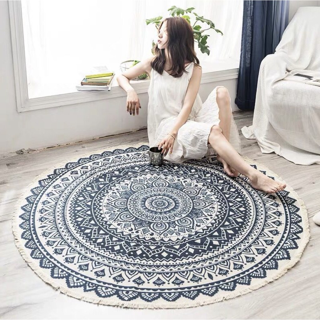 Thảm tròn tua rua đk 120cm chất cotton in hoa văn phong cách Vintage