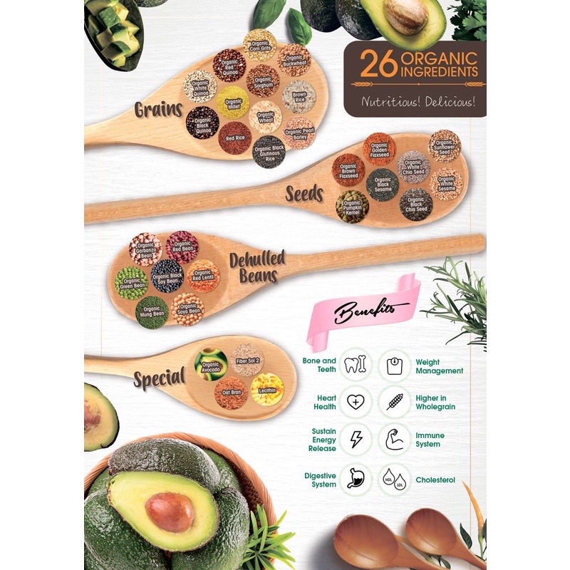 Bột ngũ cốc dinh dưỡng Singapore 22 loại hạt - Vị bơ hữu cơ - 22 Nutrimix Complete Organic Avocado