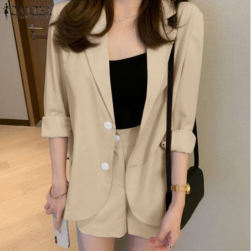 Set đồ ZANZEA gồm áo khoác blazer dài tay cổ bẻ + quần short lưng cao ống rộng thời trang nữ