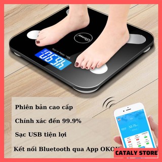 Cân điện tử sức khỏe 4 chấm bluetooth kết nối điện thoại đo BMI, sử dụng sạc USB tiện lợi
