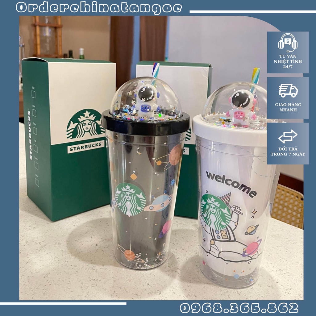 Bình uống nước Starbuck phi hành gia 500ml hai màu đen trắng, Ly uống nước phi hành gia