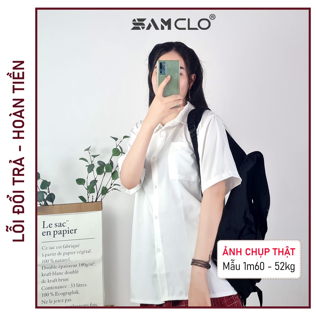 Áo sơ mi SAM CLO nữ học sinh cộc tay - tay ngắn đi học Hàn Quốc dáng ulzzang freesize form rộng TRƠN 1 TÚI