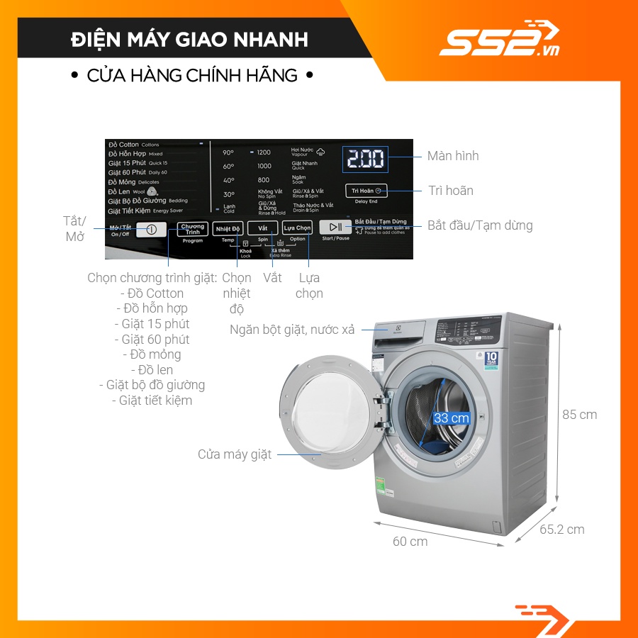 Máy giặt Electrolux Inverter 9 Kg EWF9025BQSA - Bảo Hành Chính Hãng