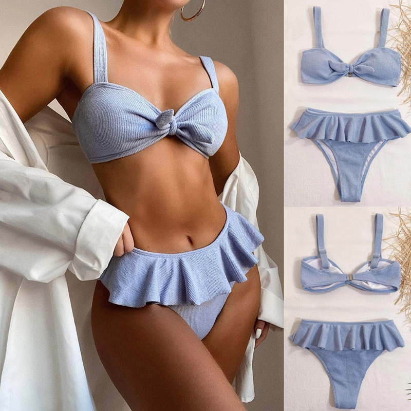 Bộ Đồ Bơi Bikini 2 Mảnh Phối Bèo Lưng Cao Có Gân Và Dây Cột Phía Trước Quyến Rũ Cho Nữ