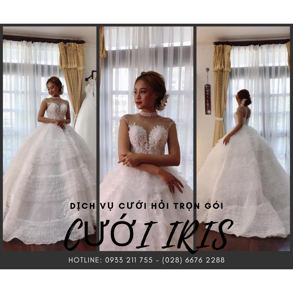 Váy trắng tay con tùng dập xù xòe to