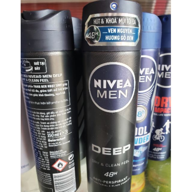Xịt khử mùi Nivea Men Deep Dry &amp; Clean Feel than đen hoạt tính (150ml)