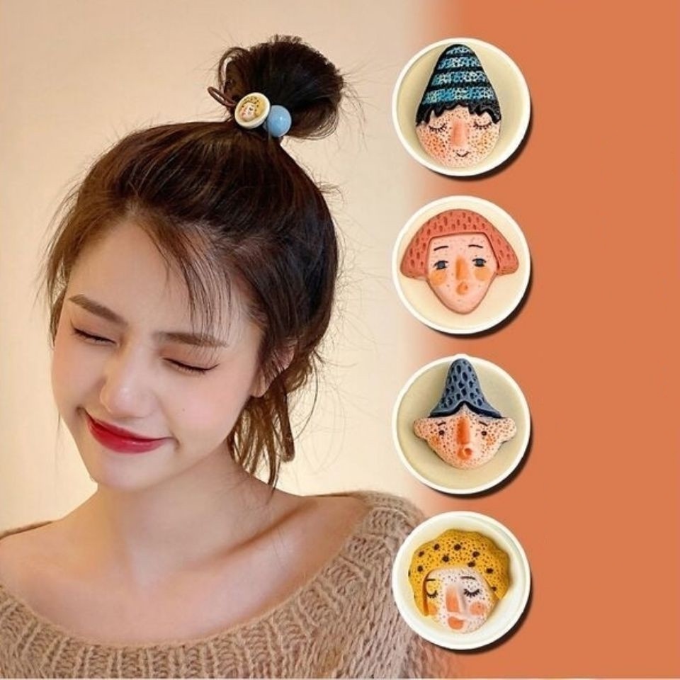 Dây cột tóc cao su đính hạt họa tiết mặt người hoạt hình thời trang Hàn Quốc trẻ trung dành cho nữ