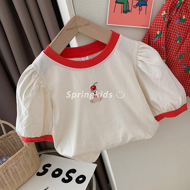 Áo Thun Cotton Thêu Hình Gấu Dễ Thương Cho Bé Gái 2-6 Tuổi