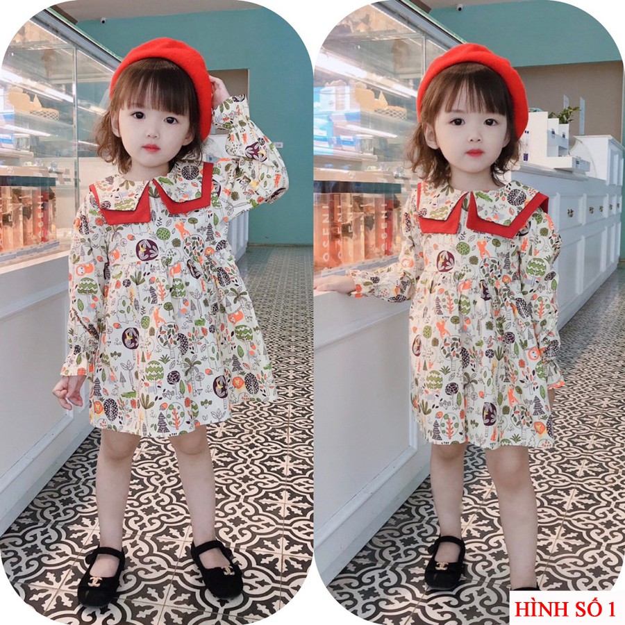 Váy baby doll cổ bích dài tay in hình cute cho bé