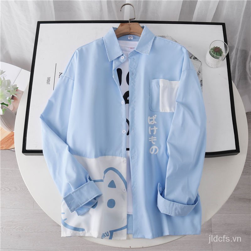 Áo sơ mi dài tay dáng rộng in hình mèo phong cách Nhật Bản/ Hàn Quốc thời trang cho nữ sinh