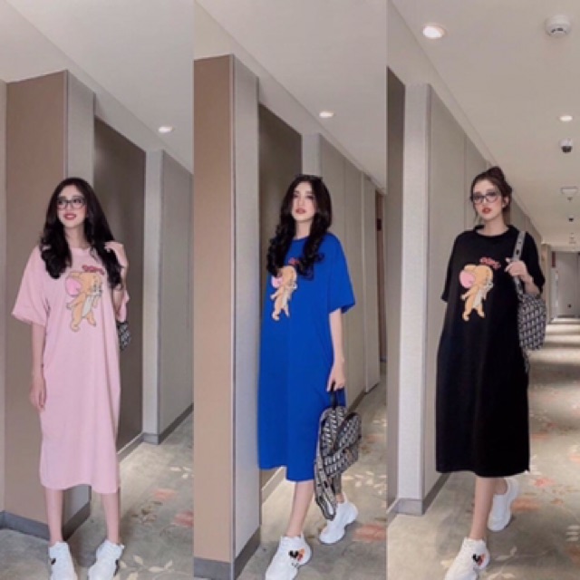 Váy suông in hình Jerry chất cotton co dãn nhẹ dáng dài form rộng vanmiushop