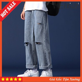 Quần Jean Baggy Ống Rộng Rách Gối Màu Xanh Nam, Nữ, Không Phai Màu - Hàng Đẹp