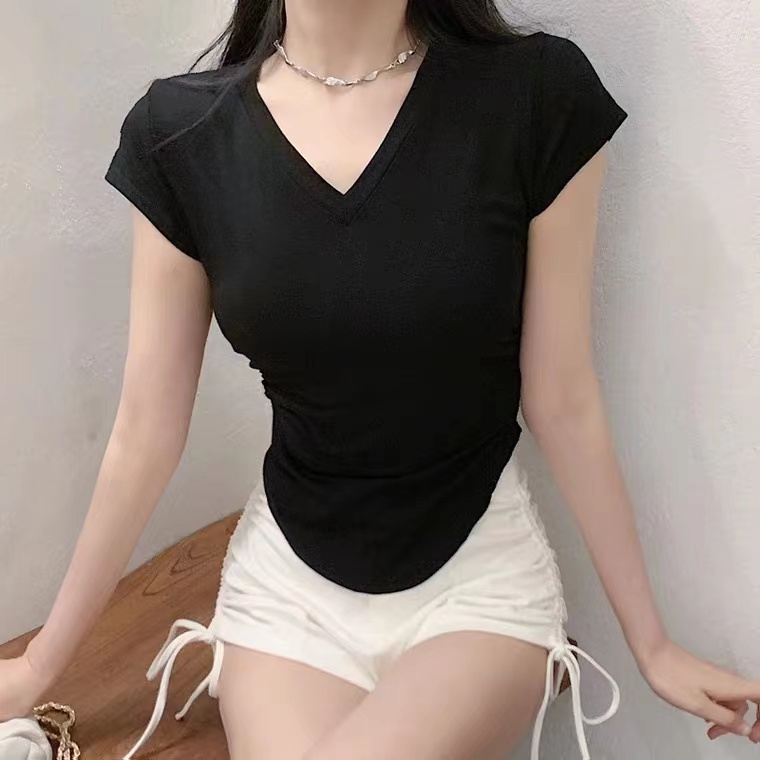 【WANG JIAO ZHAN】 Áo croptop thun tay ngắn cổ chữ V màu trơn đơn giản thời trang cho nữ【9901】