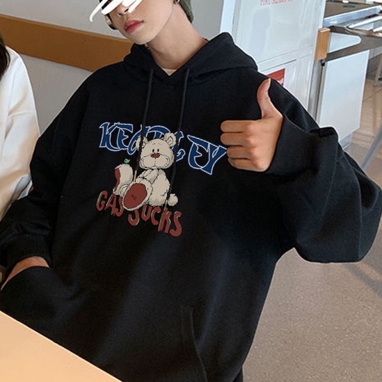 Áo sweater ZHELIHANGFEI tay dài dáng rộng họa tiết gấu in phong cách Preppy