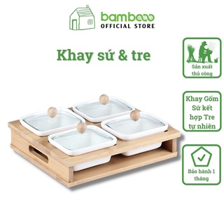 Khay tre sứ nắp thủy tinh cao cấp BAMBOOO ECO đựng mứt tết, trái cây, trang trí bàn tiệc