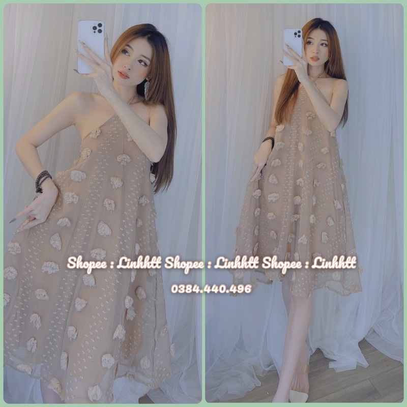 VÁY 2 DÂY CỔ YẾM HOA NỔI 2 LỚP ULZZANG FORM XOÈ RỘNG