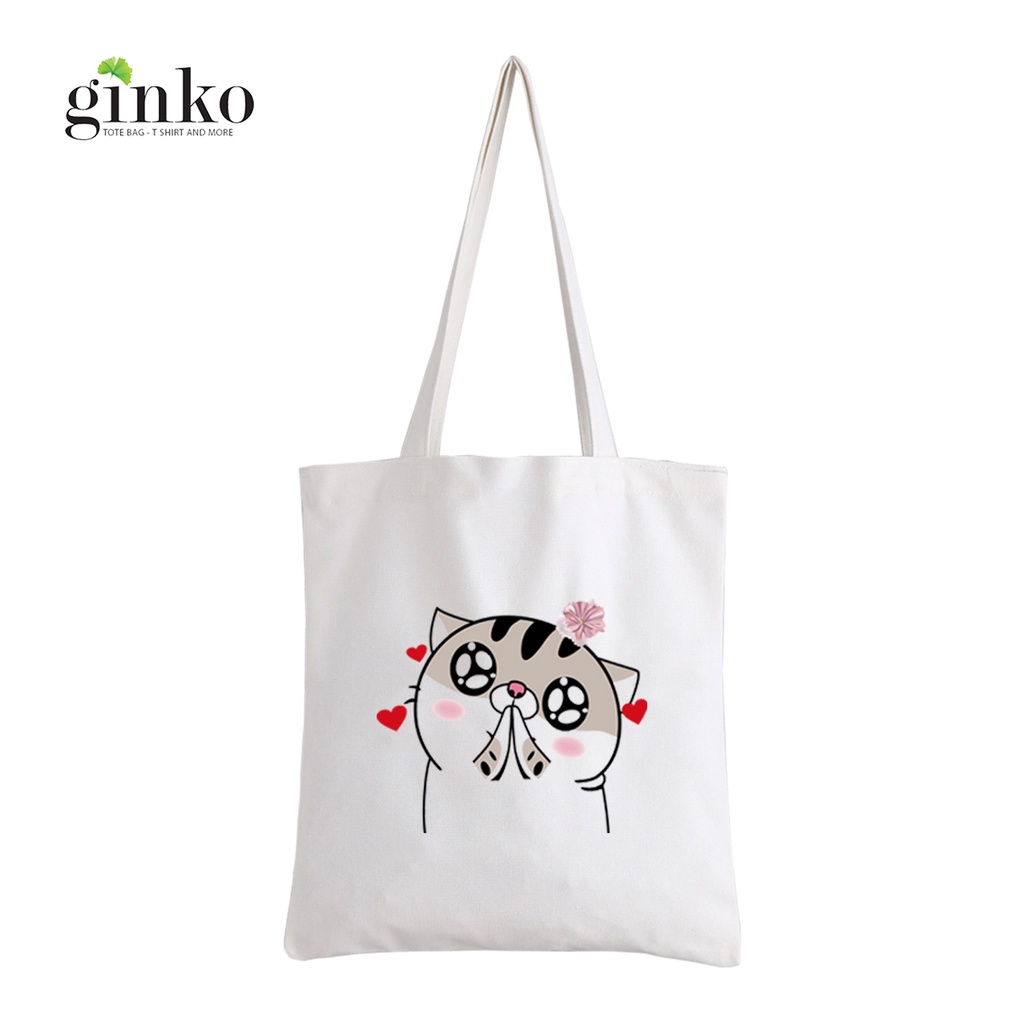 Túi Vải Tote GINKO Kiểu Basic dây kéo In Hình Mèo Ami