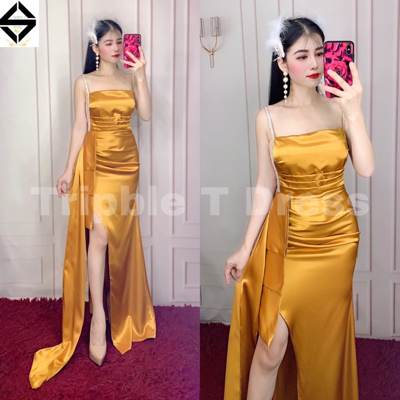 Đầm maxi dạ hội xẻ đùi phối dây kim tuyến TRIPBLE T DRESS -size S/M/L - MS399V