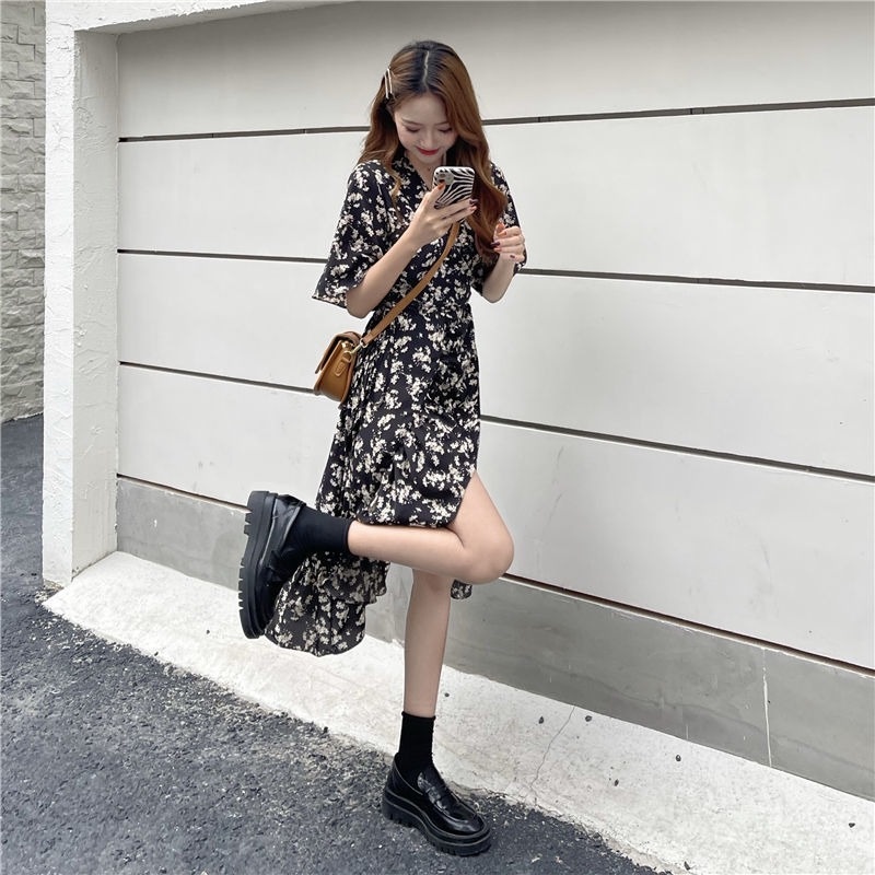 Đầm Lửng Tay Ngắn In Họa Tiết Hoa Thời Trang Mùa Hè Dành Cho Nữ