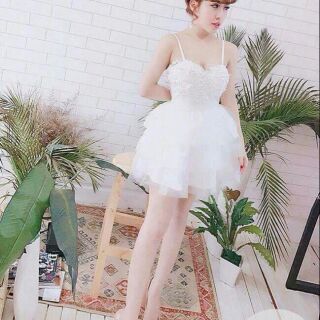 Đầm cúp xòe 2 dây tầng ren lưới