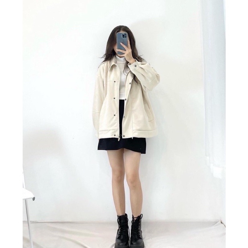 Áo khoác bomber da lộn nữ form rộng cúc bấm style Hàn Quốc