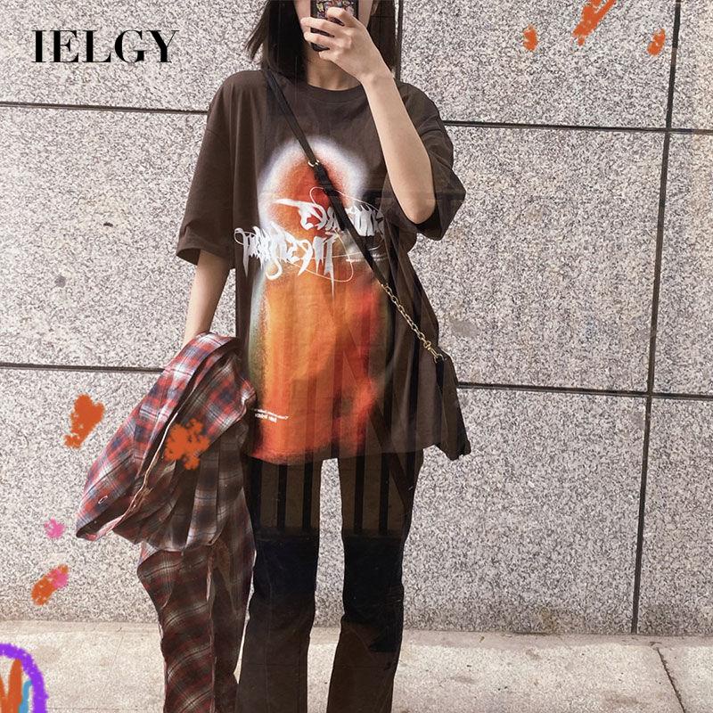Áo thun IELGY tay ngắn dáng rộng vải cotton phong cách harajuku dễ phối đồ cho nữ
