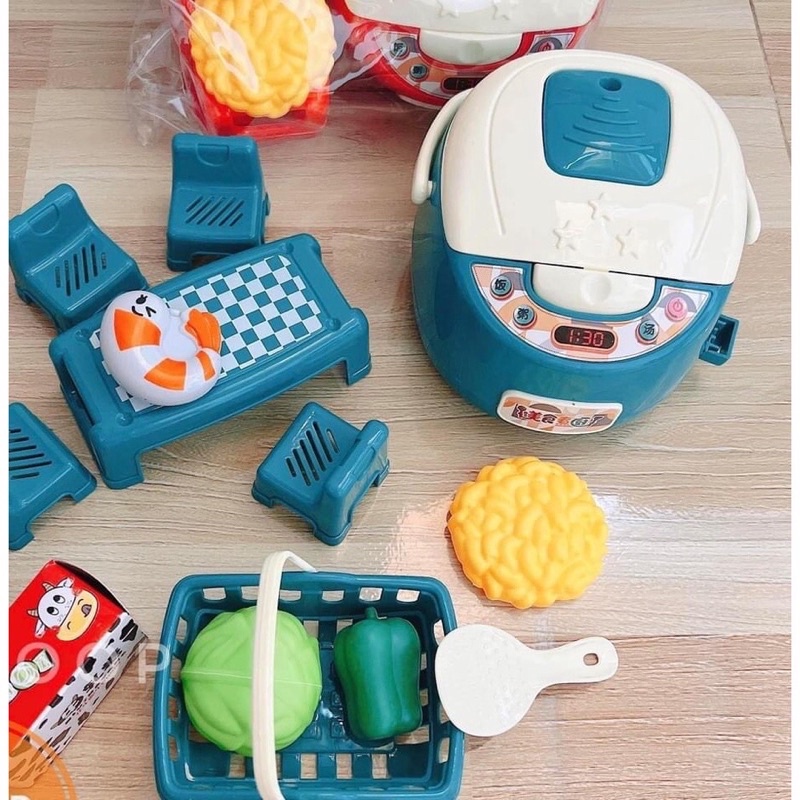 Đồ chơi nấu ăn nhà bếp, Bộ đồ chơi nồi cơm điện kèm bàn ghế và đồ ăn phát triển kĩ năng cho bé