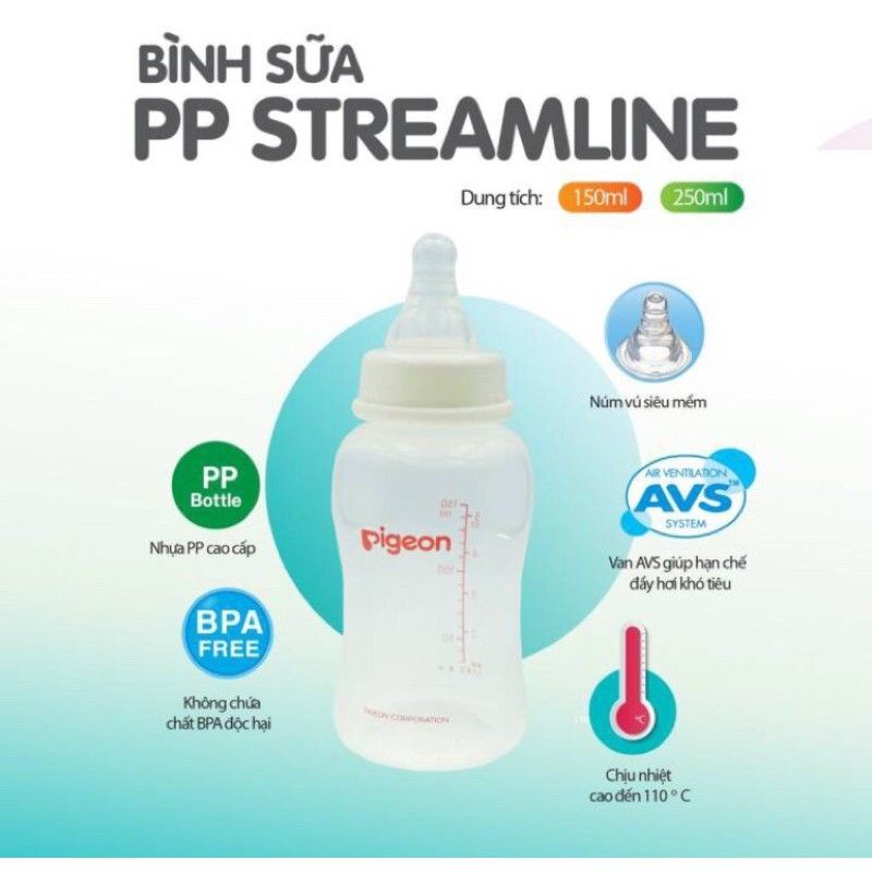 Bình sữa cổ hẹp Pigeon Streamline 150ML/ 250ML núm Silicon siêu mềm