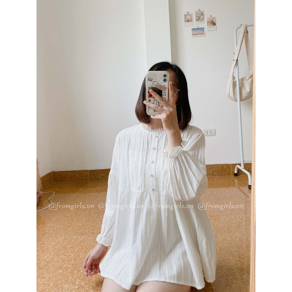 Áo babydoll dài tay xếp ly ngực cúc bọc tay chun vintage - BBD05FG BROWN