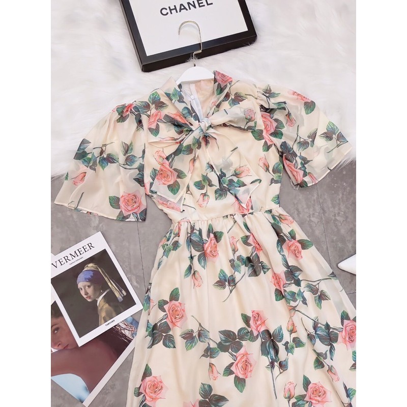 Váy hoa cổ nơ tay xoè | BigBuy360 - bigbuy360.vn